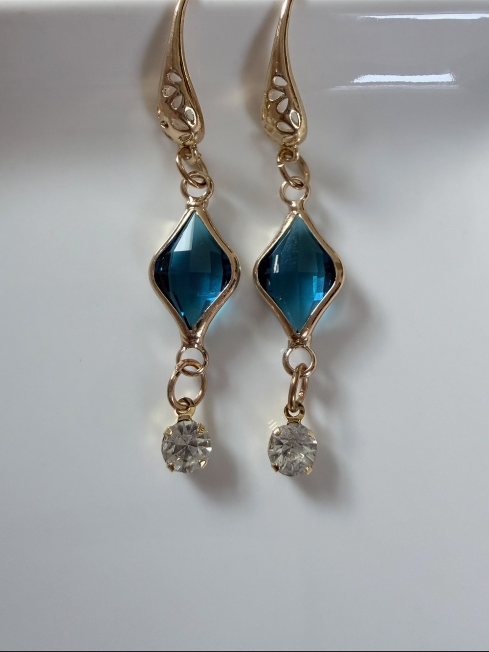 Gold Drop Earrings with Deep Teal Blue Crystal Charm
